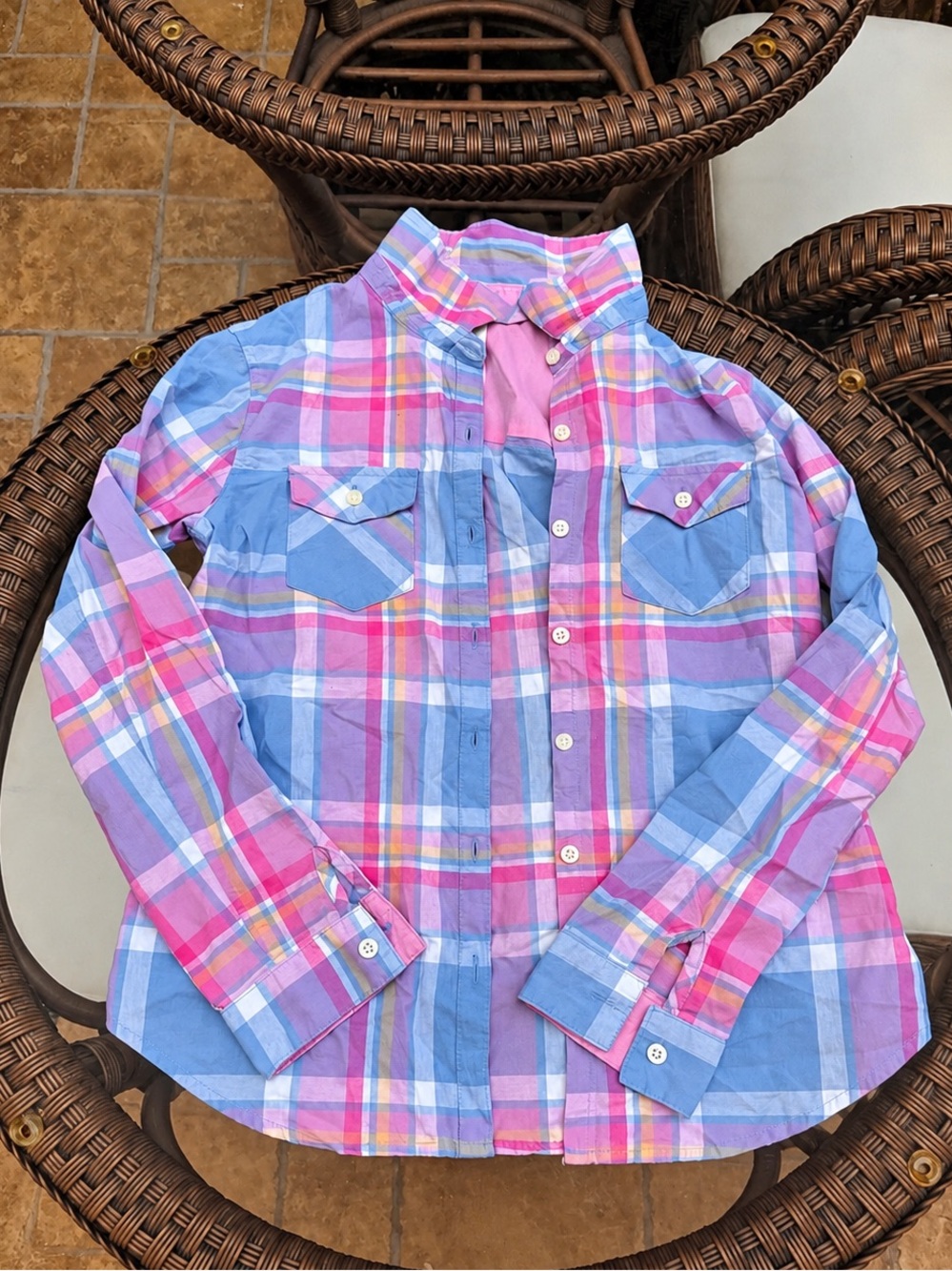 Girls Plaid Button-Front Shirt - Pink & Blue